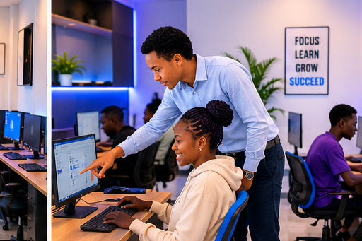 Trainer guiding a student during computer practice
